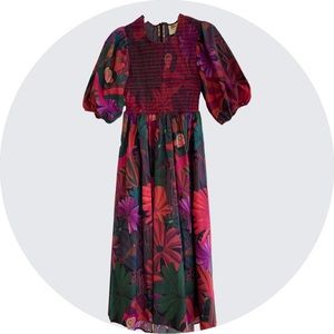 Used once, Farm Rio Red Bird Flowers Smocked Midi Dress SMALL